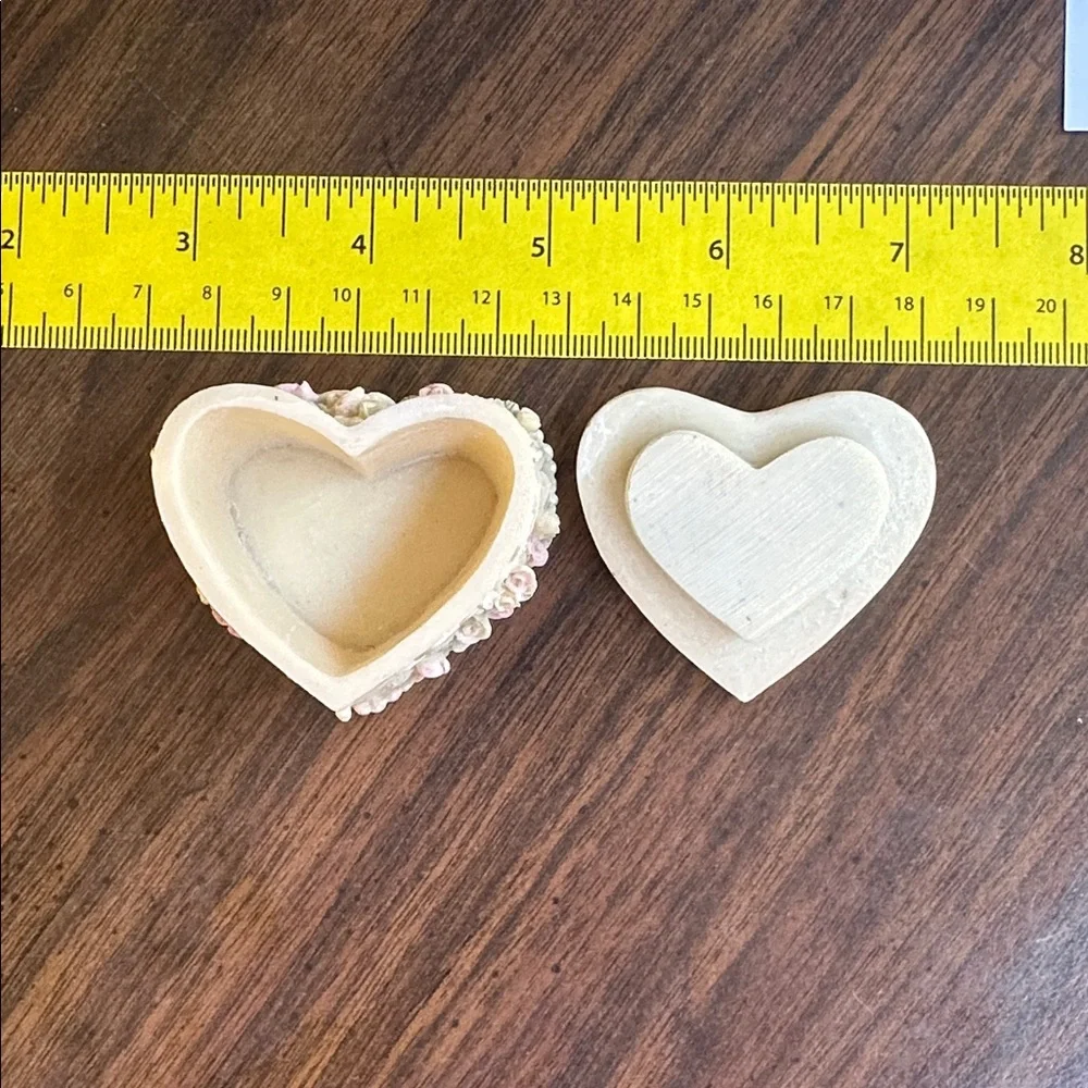 Heart-Shaped Floral Trinket Box with Roses and Ribbons. Very small 2x2x1